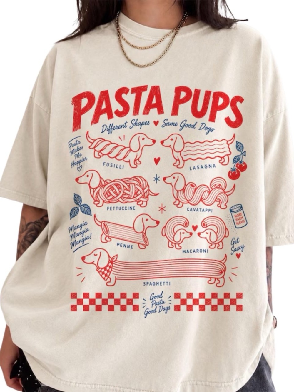 Cream Tee with Red Pasta Pups Graphic